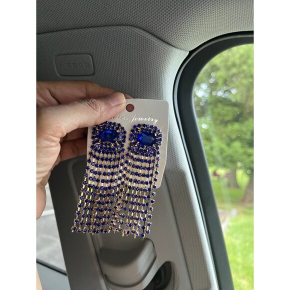 royal blue earrings , long fringe blue crystal long chandelier gold earrings - Picture 5 of 6